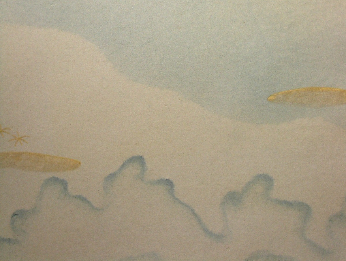 本鳥の子製　染・内雲ぼかし　『州浜に菅』　（水灰色）　中央下側部分拡大　 