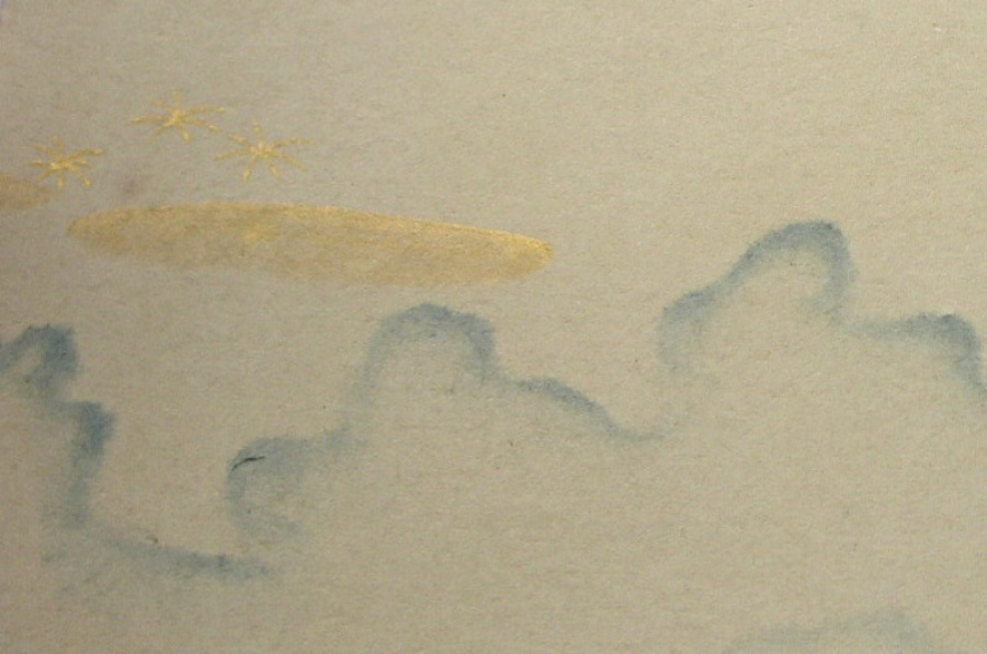 本鳥の子製　染・内雲ぼかし　『州浜に菅』　（水灰色）　下側左端部分拡大　 