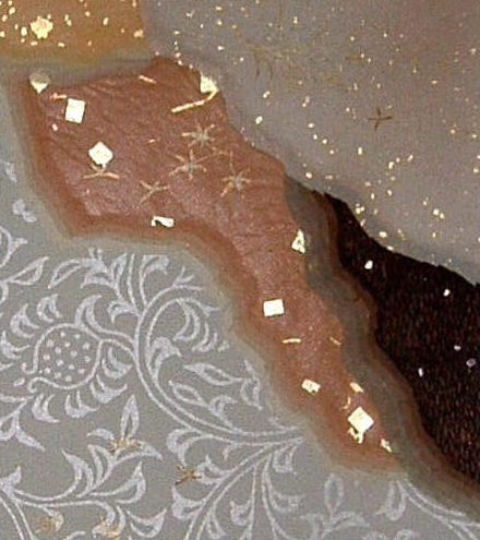 重ね継　大色紙　茶系１（寒色系）　純金銀泥手描　右上右側重ね継部分