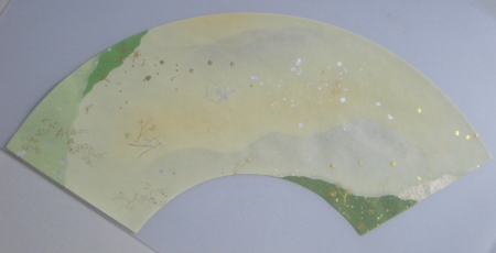 装飾料紙　破り継中扇面 『源氏物語絵巻風』　緑系１３　燻銀・連山ぼかし